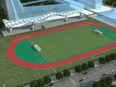 School Building With Football Field Red Running Track Green Lawn Covered Structure And Trees Around 3d model