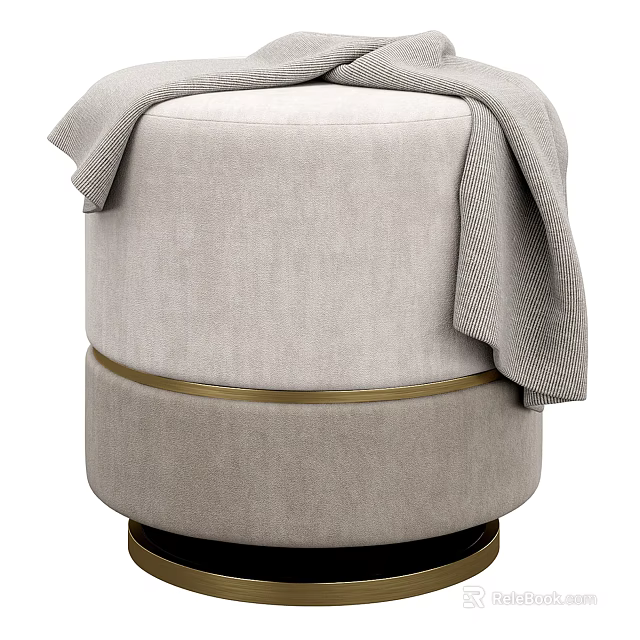 Light Gray Round Upholstered Sofa Stool With Golden Trim And Blanket 3d model