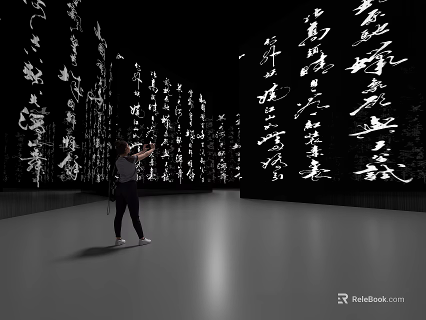 Modern Museum Calligraphy Exhibition With Projection On Black Walls And Visitor Viewing 3d model 