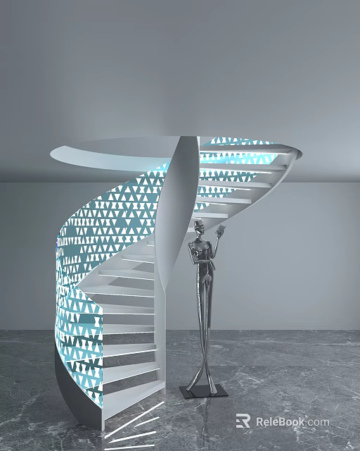 Modern Spiral Staircase With Blue Triangular Patterns And Silver Statue On Gray Floor 3d model 