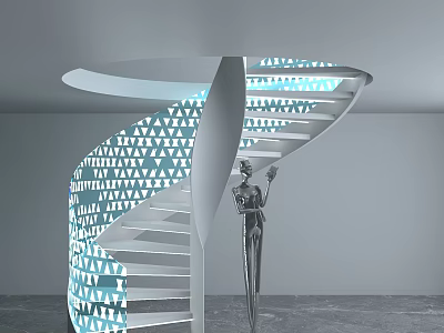 Modern Spiral Staircase With Blue Triangular Patterns And Silver Statue On Gray Floor 3d model