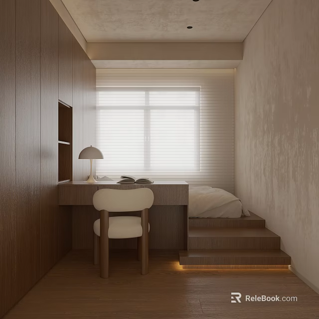 Wooden Tatami Bedroom Interior Design With Desk Chair Window Blinds And Steps 3d model 