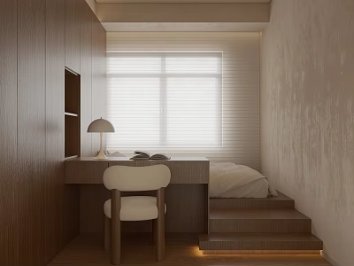 Wooden Tatami Bedroom Interior Design With Desk Chair Window Blinds And Steps 3d model