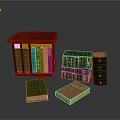 Small Brown Wooden Bookcase With Colorful Books And Stacked Volumes On Dark Table