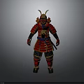 Man in Traditional Samurai Armor with Red and Gold Details and Helmet