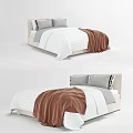 Light Wood Headboard Double Bed With Gray Pillows White Striped Sheet And Brown Blanket