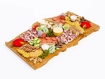 Delicious Assorted Food Platter on Wooden Tray with Meats Cheeses Vegetables and Fruits 3d model