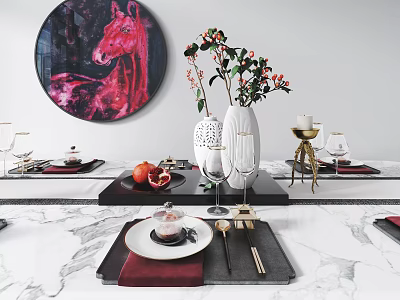 Elegant Dinnerware Set with Red Napkins White Vases and Pomegranate on Marble Tabletop with Horse Painting 3d model