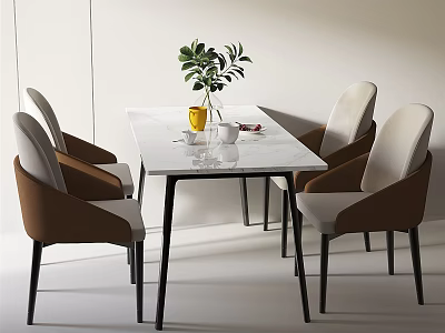 Modern Dining Table Set With White Tabletop Beige And Brown Chairs Yellow Vase Green Plant 3d model