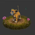 Cute Cartoon Lion Cub On Stone Ground With Green Grass Pink Flowers And Small Butterfly