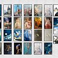 Multiple Framed Artworks in Various Styles Arranged on White Wall for Home Decor