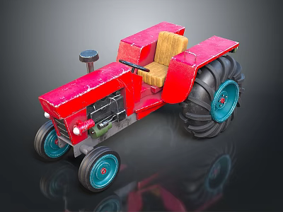 Red Toy Tractor With Yellow Seat Large Black Tires And Blue Rims 3d model