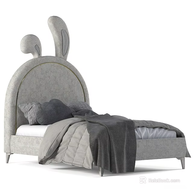 Cute Kids Bed With Rabbit Ear Design Gray Fabric Headboard And Soft Bedding 3d model 