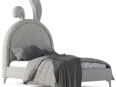 Cute Kids Bed With Rabbit Ear Design Gray Fabric Headboard And Soft Bedding 3d model