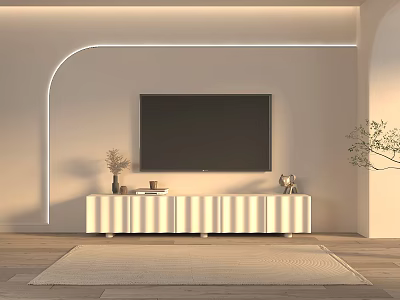 Modern White TV Stand With Flat Screen TV Decorative Vases And LED Strip Lights 3d model