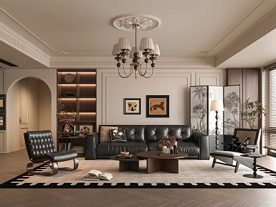 Elegant Classic Living Room Interior With Chandelier Leather Sofa Bookshelf Paintings And Carpet 3d model