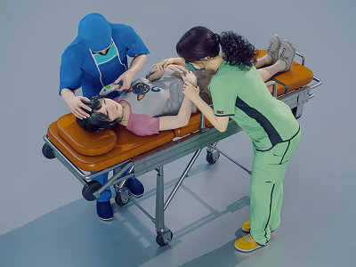 Medical Personnel Attending To Patient On Stretcher In Emergency Care Scenario 3d model