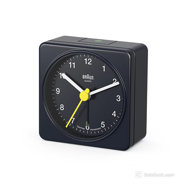 Braun Square Black Alarm Clock With Yellow Hands And White Numbers 3d model 