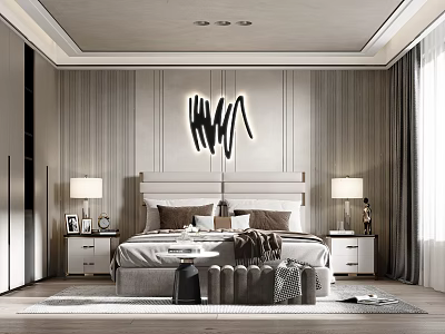 Modern Bedroom Interior Design With Gray Headboard Abstract Wall Art Nightstands And Table Lamps 3d model