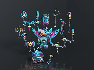 Colorful 3D Rendered Mechanical Character And Creature With Wings Hammers And Swords 3d model