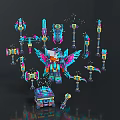Colorful 3D Rendered Mechanical Character And Creature With Wings Hammers And Swords
