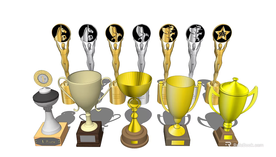 Gold And Silver Trophy Collection With Statue Top And Cup Shaped Designs On Various Bases 3d model 