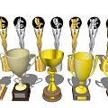 Gold And Silver Trophy Collection With Statue Top And Cup Shaped Designs On Various Bases