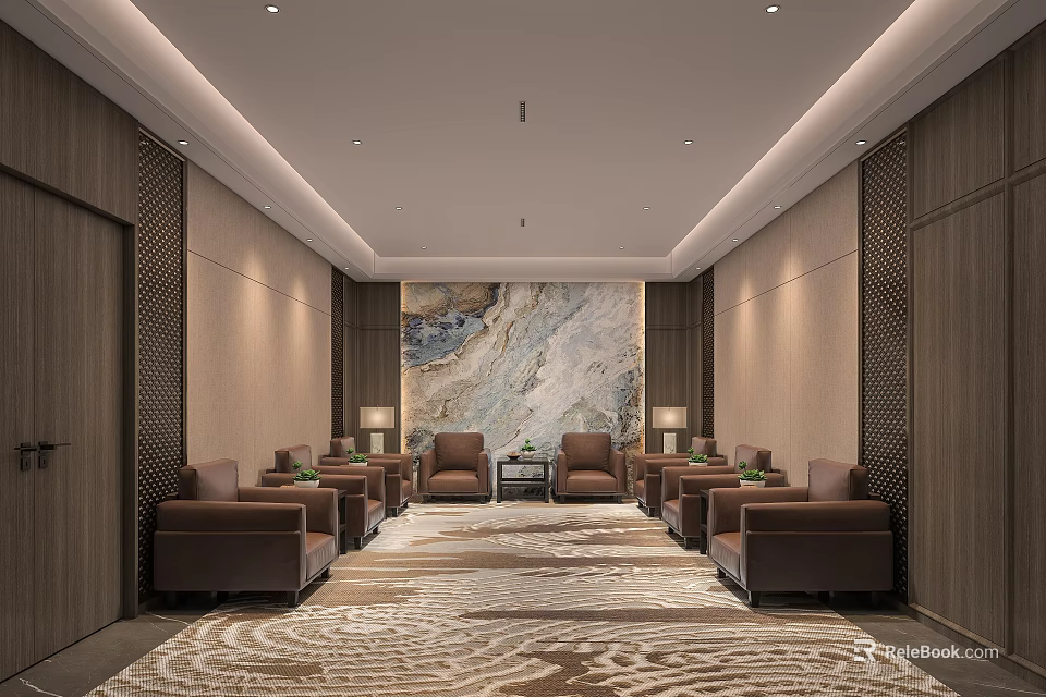 Elegant Hotel Public Lounge Area With Brown Sofas Large Wall Art And Patterned Carpet 3d model 