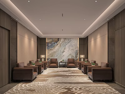 Elegant Hotel Public Lounge Area With Brown Sofas Large Wall Art And Patterned Carpet 3d model
