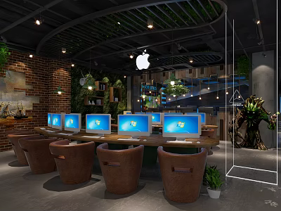 Modern Internet Cafe Interior With Multiple Computers Brown Seats Hanging Lights And Green Plants 3d model