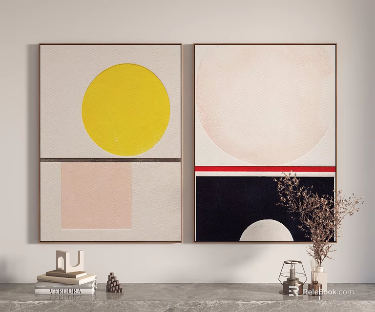 Abstract Wall Paintings With Yellow Circle Pink Square And Decorative Items 3d model
