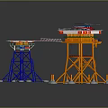 Blue And Orange Tower Structures With Top Platforms Helicopter And White Base Supports 3d model