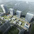 Modern Office Building Complex With Glass Curtain Walls Rooftop Garden Plaza And Water Pool