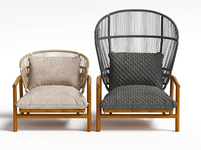 Light Beige and Dark Gray Rattan Armchairs with Wooden Frame and Comfortable Cushions 3d model