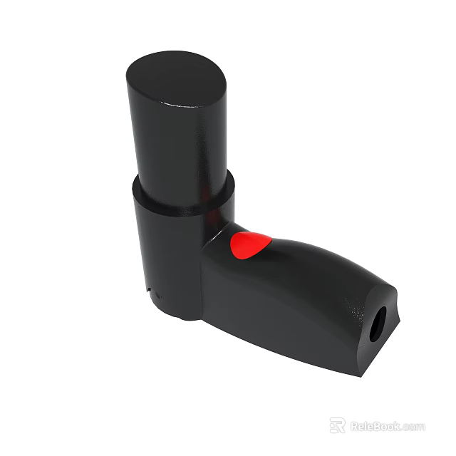 Black Cylindrical Tool Component With Red Button And Ergonomic Grip Design 3d model