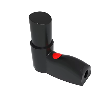 Black Cylindrical Tool Component With Red Button And Ergonomic Grip Design 3d model