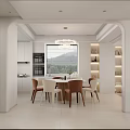 Modern Minimalist Cream Tone Living And Dining Room With Cozy Seats And Large Display Wall