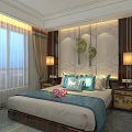 Elegant Hotel Guest Room With Blue Bed Runner Wall Art Table Lamps And Writing Desk