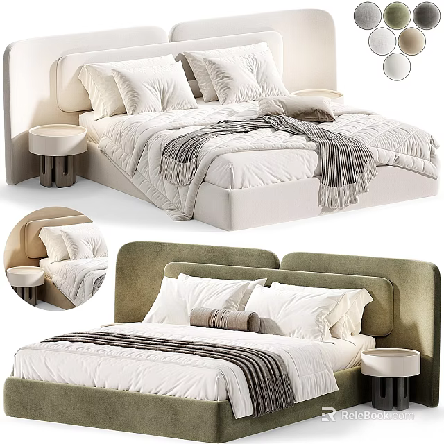 Elegant Modern Double Bed Interior With Green Upholstered Headboard White Bedding And Nightstand 3d model 