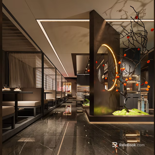 Elegant Modern Restaurant Interior Design With Decorative Tree Round Lighting And Dining Tables 3d model 