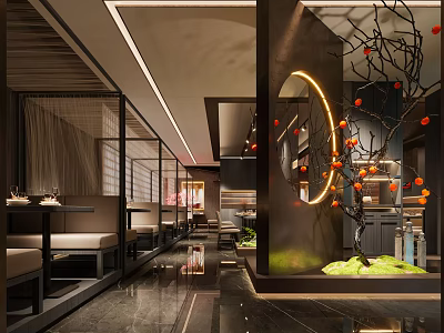 Elegant Modern Restaurant Interior Design With Decorative Tree Round Lighting And Dining Tables 3d model
