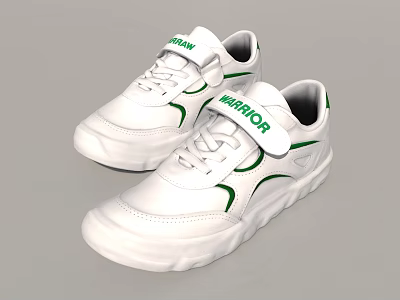 Warrior White Casual Sneakers With Green Accents Laces And Velcro Strap Design 3d model
