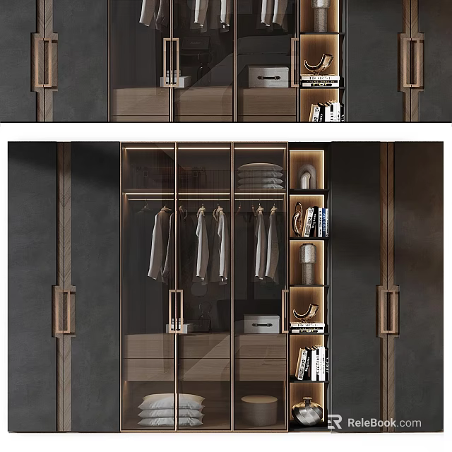 Modern Wardrobe Design With Glass Doors Hanging Clothes And Decorative Items 3d model 