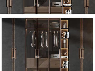 Modern Wardrobe Design With Glass Doors Hanging Clothes And Decorative Items 3d model