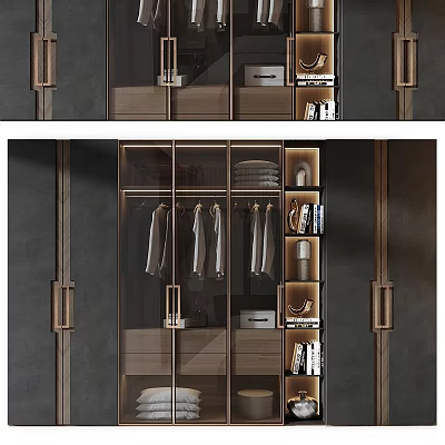 Modern Wardrobe Design With Glass Doors Hanging Clothes And Decorative Items 3d model