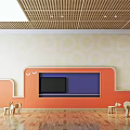 School Activity Room With Green Wall Orange Beams TV Wooden Floor And Animal Shaped Chairs