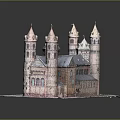 Cartoon Scene Of Medieval Castle With Towers Spires Red Brick Gray Roof And White Base