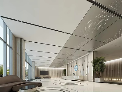 Modern Lobby Reception Desk Design With Potted Plant Wall Clock And Sofa Seating 3d model