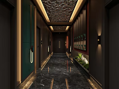 Elevator Hallway With Ornate Ceiling Marble Floor Green Doors Recessed Lighting And Decorative Plants 3d model