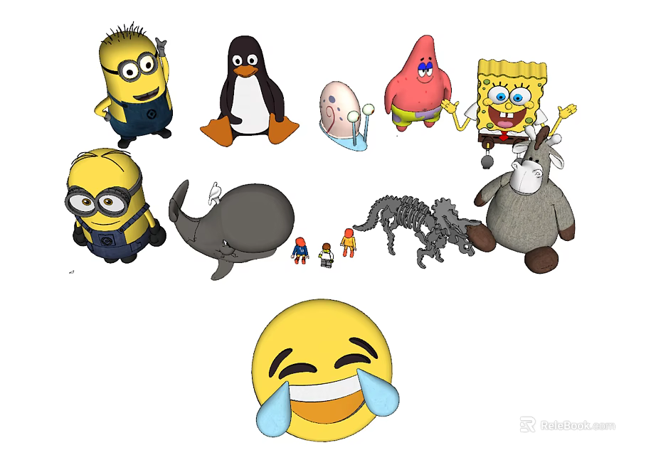Various Cartoon Character Plush Dolls Including Minions Penguin SpongeBob And More 3d model 